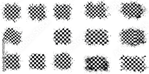 Set of fifteen black and white checkered patterns with grunge borders for design assets