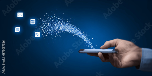 Businessman hand holding smartphone with social media icons