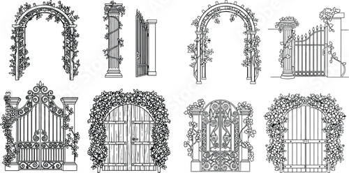 Set of outline garden gates and arches with floral decorations, isolated line art