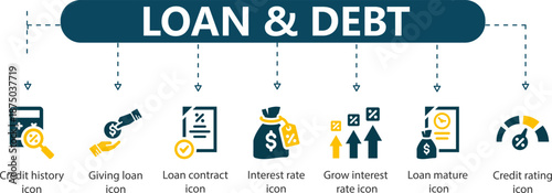 Loan and Debt Infographic 7 Financial and Credit Management Icons with Gold Accents for Banking Presentations, Lending Services and Financial Planning