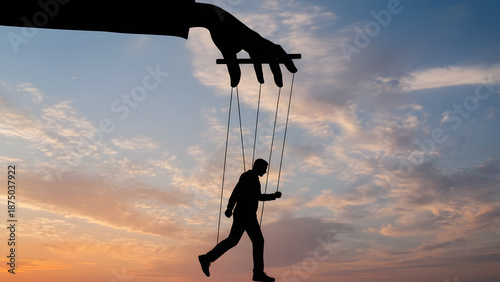 Silhouette of a large hand controlling a human puppet with strings against a dramatic sunset sky, symbolizing manipulation and lack of freedom.