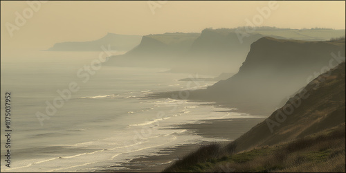 Coastline with cliffs and waves during the early morning light on a foggy day in a coastal area