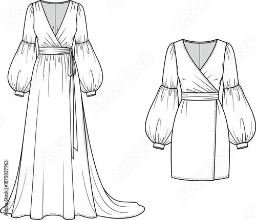 Women's Wrap Dress Vector Technical Drawing Set with Bishop Sleeves and V-Neck in Maxi and Mini Lengths