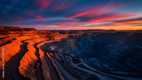 Aerial view of a large quarry with vibrant orange and blue hues at sunset, showcasing layered earth formations and a dramatic sky.