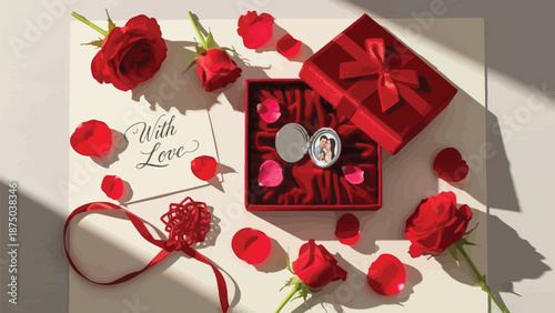 Romantic top down view of an open red velvet jewelry box containing a silver locket surrounded by fresh red roses and scattered petals
