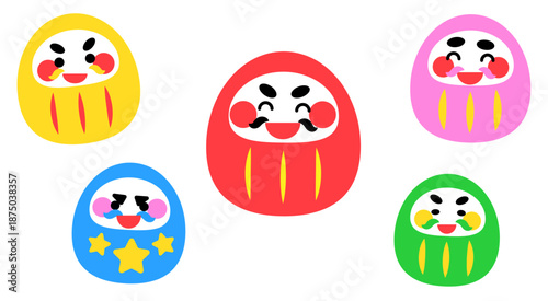 表情豊かなカラフルだるまのかわいいキャラクターイラストセット