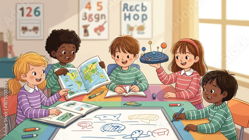 Diverse group of happy elementary school children engaged in an exciting collaborative classroom project involving geography and space science models