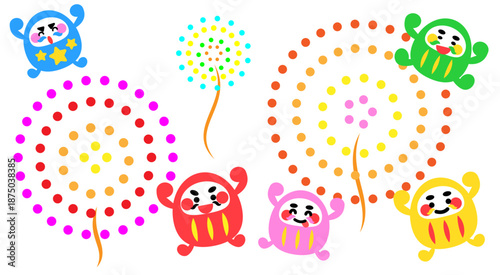 花火と一緒に楽しむかわいいだるまキャラクターの夏祭りイラストセット