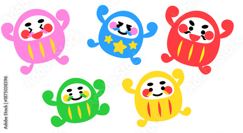 カラフルで表情豊かなかわいいだるまキャラクターのイラストセット