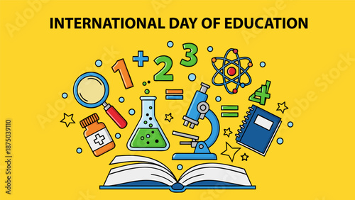 Vibrant vector illustration of educational elements and science equipment on a bright yellow background for International Day of Education