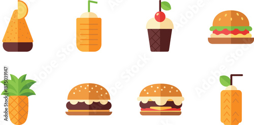 Flat fast food and dessert icons vector set with burgers ice cream smoothies pineapple and juice drinks