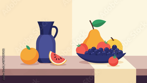 A minimalist still life illustration of a blue pitcher and a bowl of fresh fruit on a table
