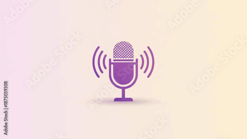 A minimalist purple microphone icon with sound waves on a soft pastel gradient background. Illustration