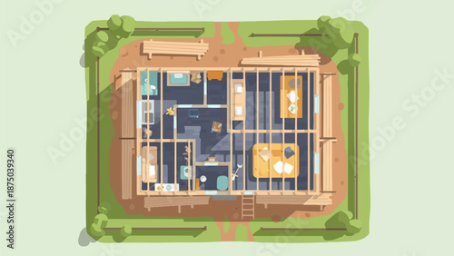 A minimalist top-down illustration of a house under construction, showing its wooden frame and layout