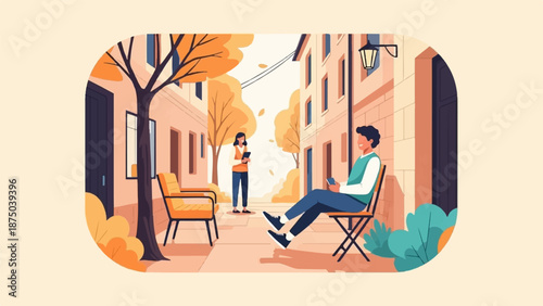 A modern illustration of two people using phones on a quaint city street during a sunny autumn day