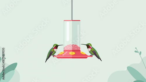 A pair of pixelated hummingbirds drink nectar from a hanging red feeder in a minimalist illustration
