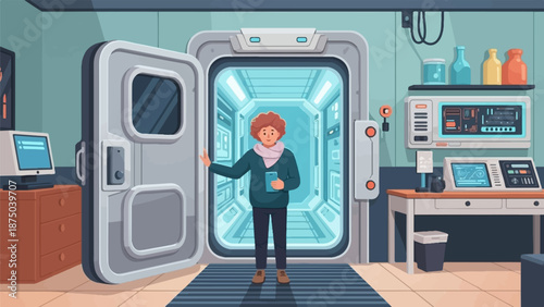 A person with a phone stands in a futuristic laboratory doorway leading to a brightly lit hallway