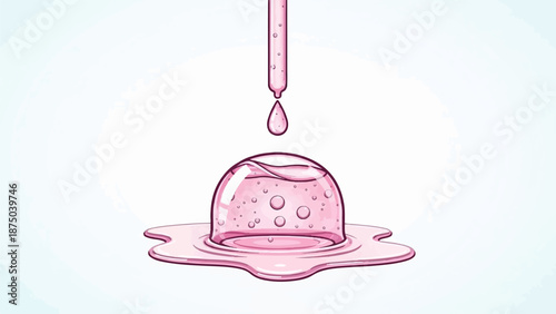 A pink liquid drop falls from a pipette onto a bubbly, dome-shaped splash in a hand-drawn style