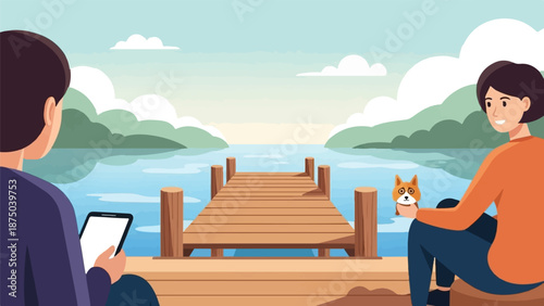 A pixel art couple and their dog relax on a wooden dock, enjoying a tranquil lakeside view