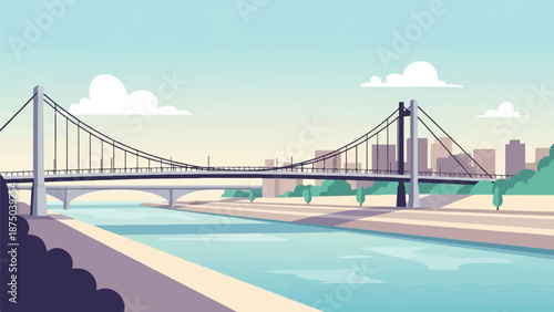 A pixel art cityscape with a large suspension bridge spanning a tranquil river under a clear sky