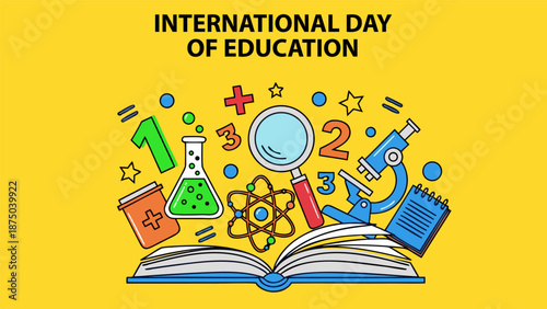 Vector Illustration of International Day of Education with Book, Magnifying Glass, and Science Symbols