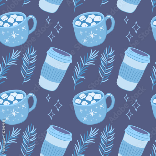 Winter seamless pattern. Cocoa with marshmallows and fir branches. Pattern for scrapbooking, winter design. Cozy winter background