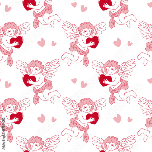 Valentine's Day Seamless Pattern. Vector ornament for printing on fabrics, cupid with heart