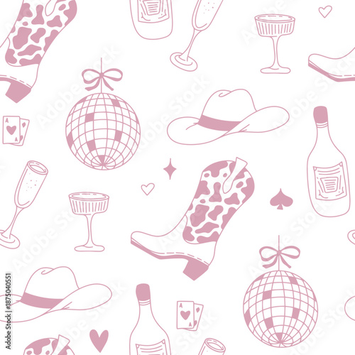 Whimsical cowgirl seamless pattern with western icons and stars