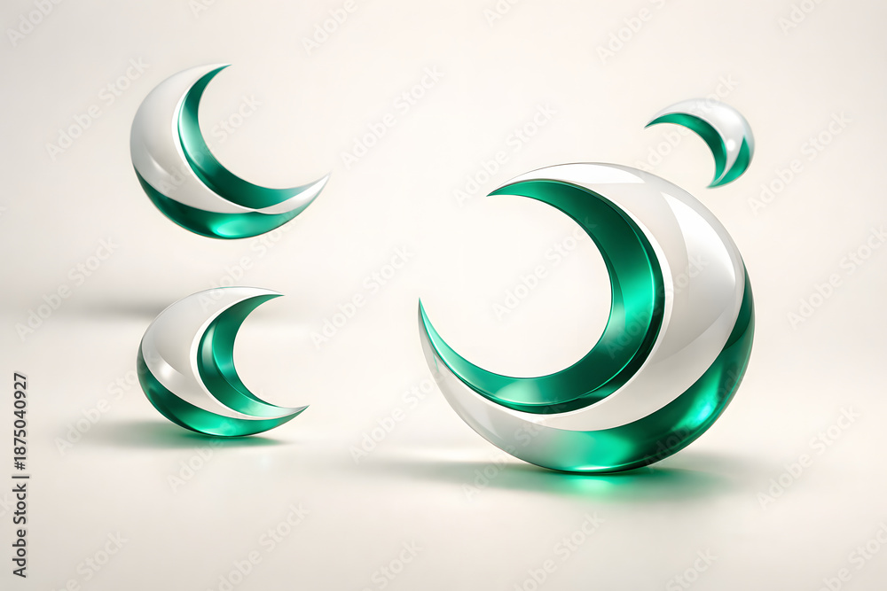 Fototapeta premium Minimal crescent inspired ivory and emerald Eid background with peaceful modern composition