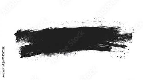 Black ink brush stroke on white background with splatter effect and abstract texture