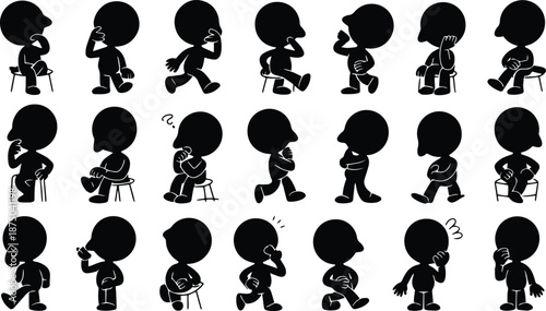 Playful Human Silhouette Thinking Pose Bundle, Flat Vector People Icons for Idea, Problem Solving and Creative Concept Illustration