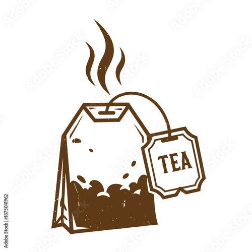 Vintage Brown tea bag with steam rising and a tea tag isolated on transparent background