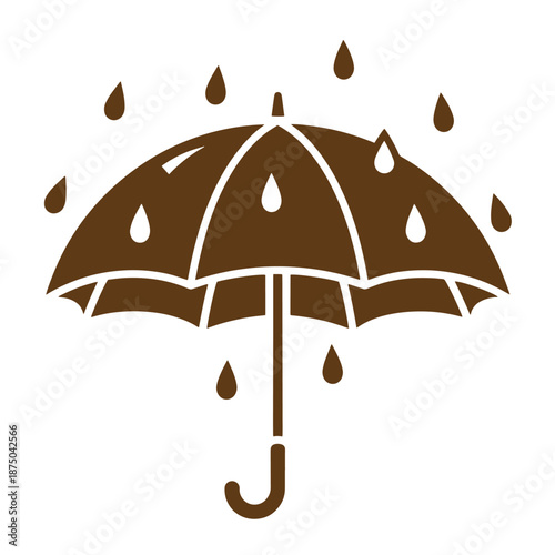 Vintage Brown umbrella with rain drops falling on it and around it on white background