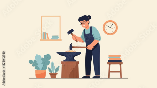 A smiling woman blacksmith in overalls forges metal on an anvil in a workshop. Illustration style