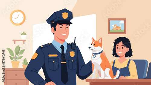 A smiling police officer pets a cute dog on a desk with a woman in a cozy room illustration