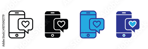 Vector illustration icon colorful mobile phone icons with heart and speech bubble on white background for love or chat concept