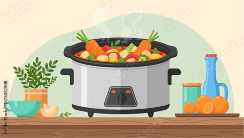 A steaming slow cooker full of vegetable stew, with fresh ingredients on a wooden kitchen counter