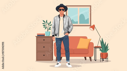 A stylish man in a sequined jacket and fedora stands in a modern, plant-filled living room