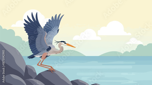 A stylized blue heron with wings spread, perched on rocks by a tranquil body of water at dawn