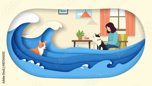 A stylized illustration of a giant wave flooding a room where a woman and two dogs remain calm