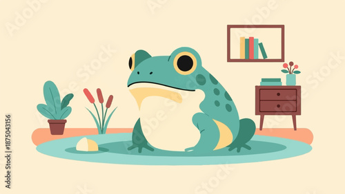 A stylized illustration of a plump, green frog sitting in a cozy room with plants and furniture