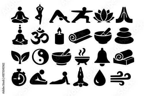 Yoga and meditation icons: poses, symbols, and wellness elements