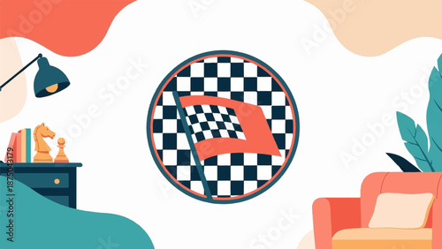 A stylized illustration of a room with chess pieces and a central chequered flag emblem