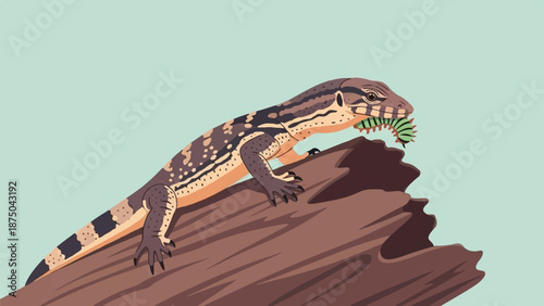 A stylized illustration of a spotted lizard on a log, devouring a bright green caterpillar