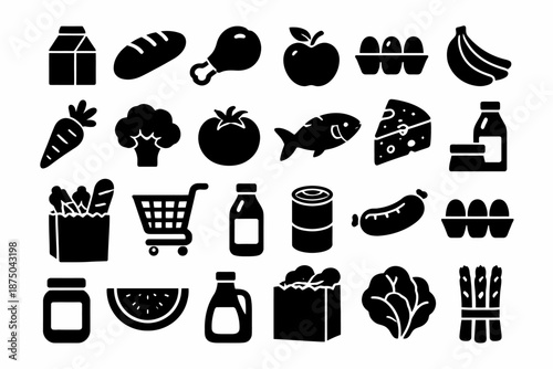 Silhouette icons of grocery items including milk, bread, eggs, and vegetables