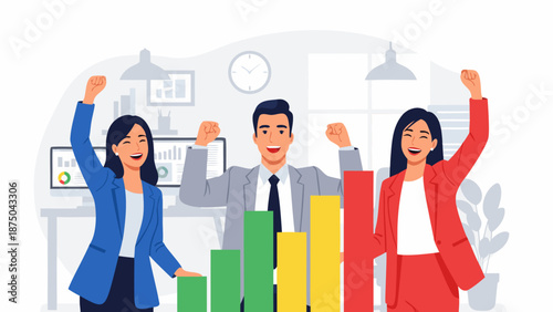 Business growth concept vector illustration of happy people celebrating success with a bar chart