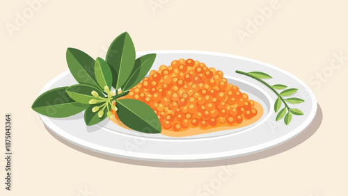 A stylized illustration of orange caviar served on a white plate, garnished with green leaves