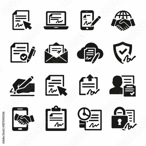 Document and communication icons: secure digital signatures and cloud integration
