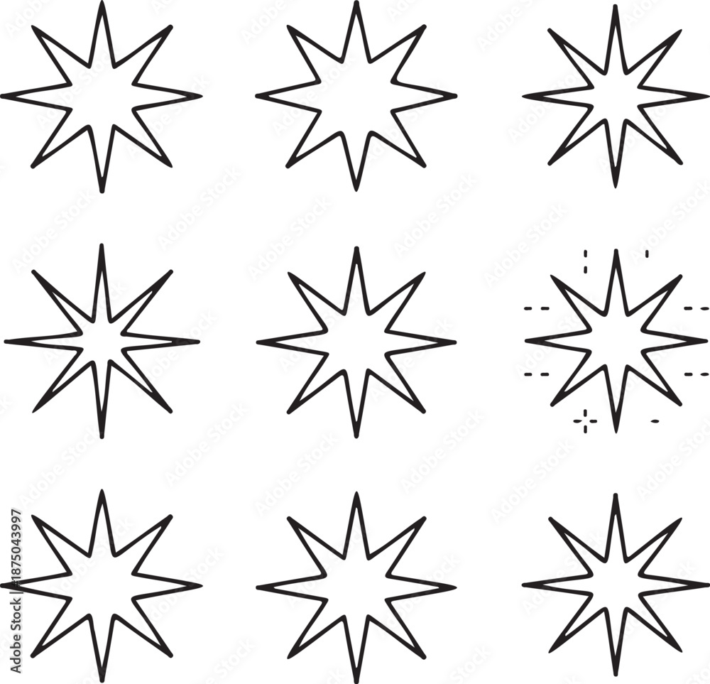 Fototapeta premium Collection of nine unique jagged star outline icons vector set on transparent background