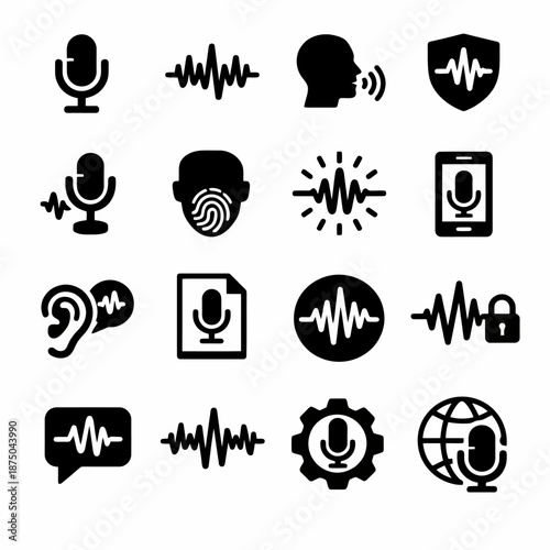 Voice communication and security icons with microphone and sound wave designs